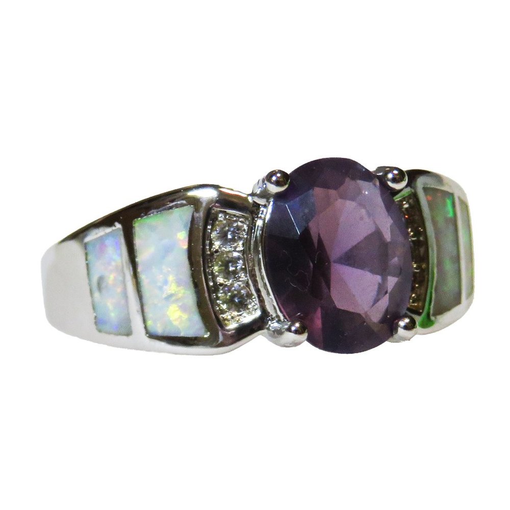 Silver Ring Size 9 White Lab Opal Inlay 8mm * 6mm Amethyst & White Topaz NOS